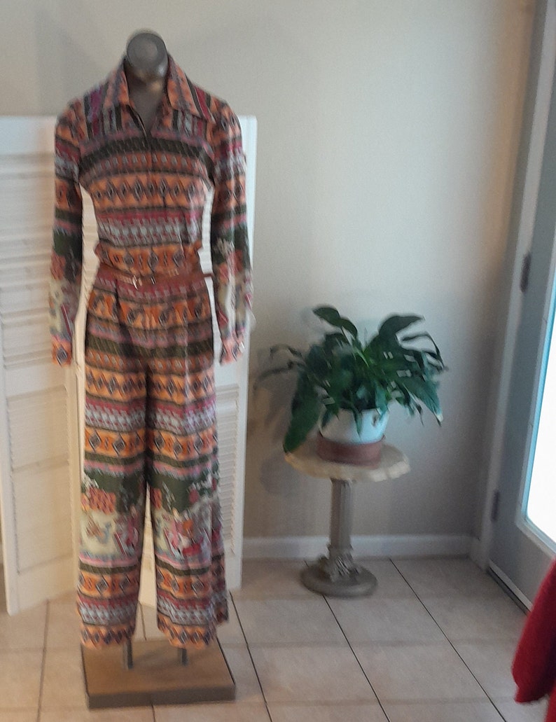 Vintage 70s Novelty Print Jumpsuit / Pointed Collar /Jersey Fabric / sz S image 2
