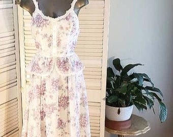 Vintage 70s Strappy Gunne Sax Dress Peplum Floral Print Sz Sm/Med White/Lavender