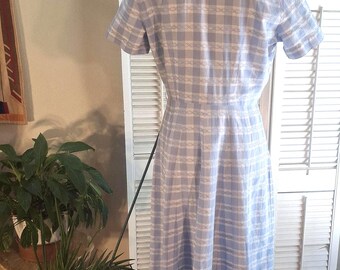 Vintage 50s Blue/White Check Cotton Day Dress / Button Front / M