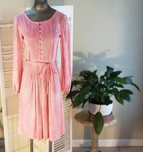 Vintage 70s/80s Pink Dress w/Belt Tucks Johnston o