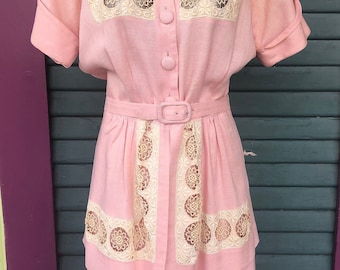 Vintage 40s Pink/Wh Skirt Suit RARE Stunning