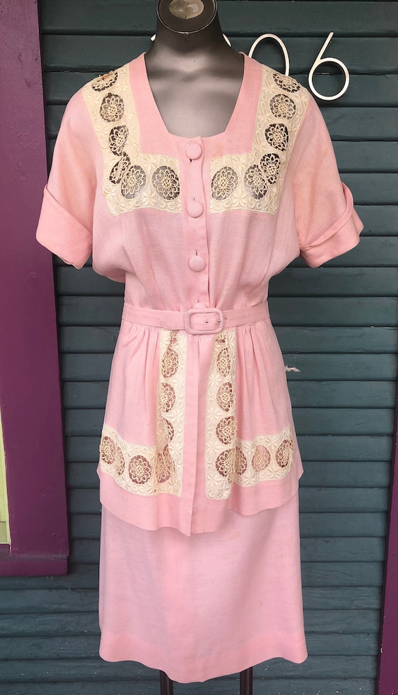 Vintage 40s Pink/Wh Skirt Suit RARE Stunning