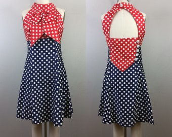 Vintage 1960s Mod Polka Dot Mini Dress Eloise Curtis For David Styne Red White Blue S/M