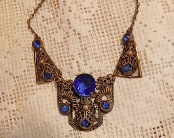 Antique Sapphire Cobalt Blue Faceted Czech Art Nouveau Brass Necklace, Circa 1910’S