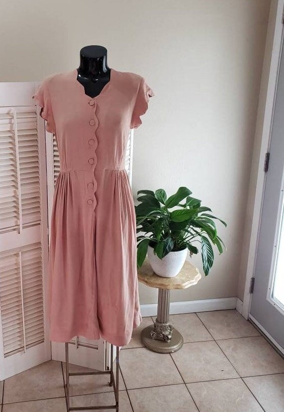 Vintage 40s Blush Pink Scallop Trim Crepe Dress R… - image 1