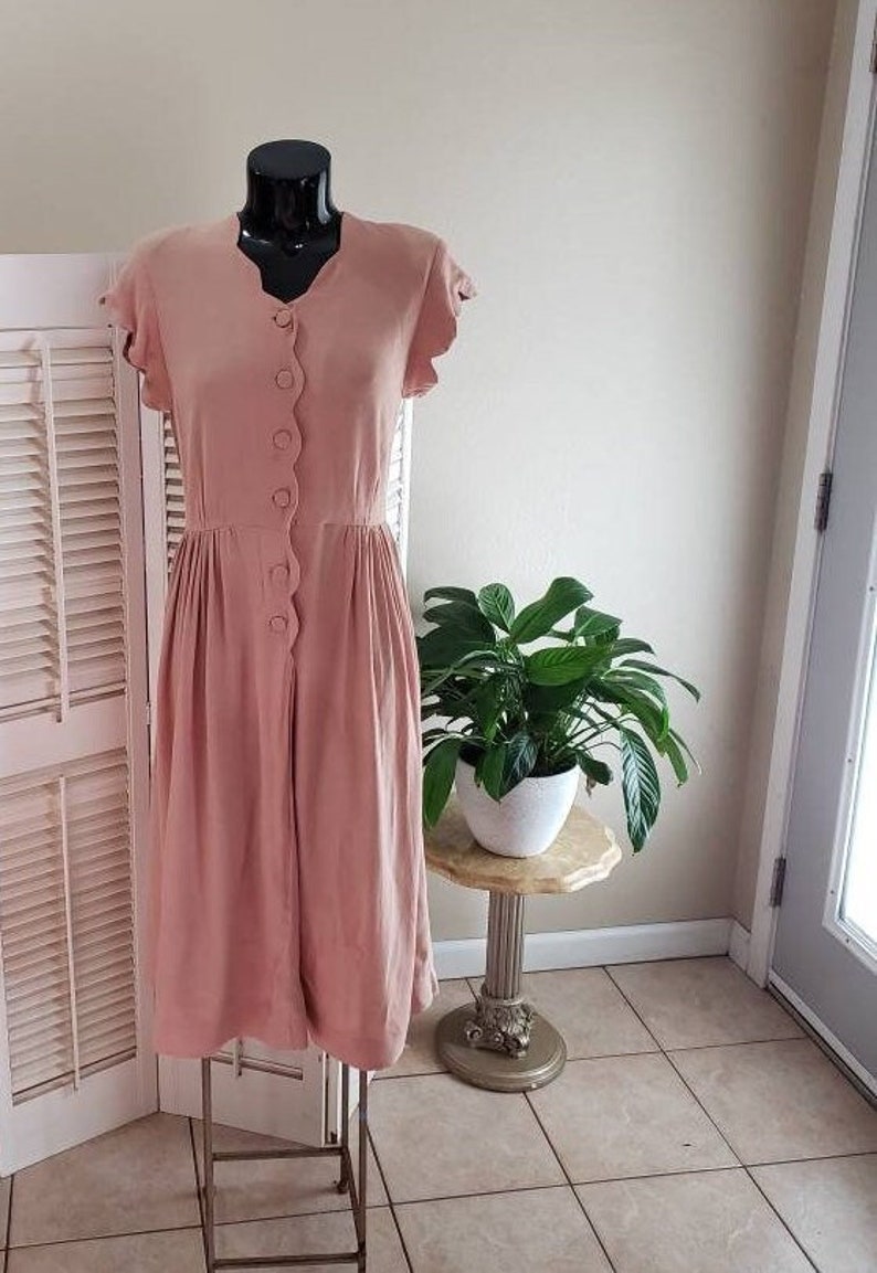 Vintage 40s Blush Pink Scallop Trim Crepe Dress RARE S/M image 1