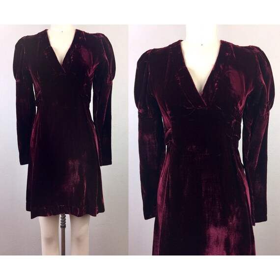 Vintage 70s Burgundy Velvet Mini Dress 1970s Boho