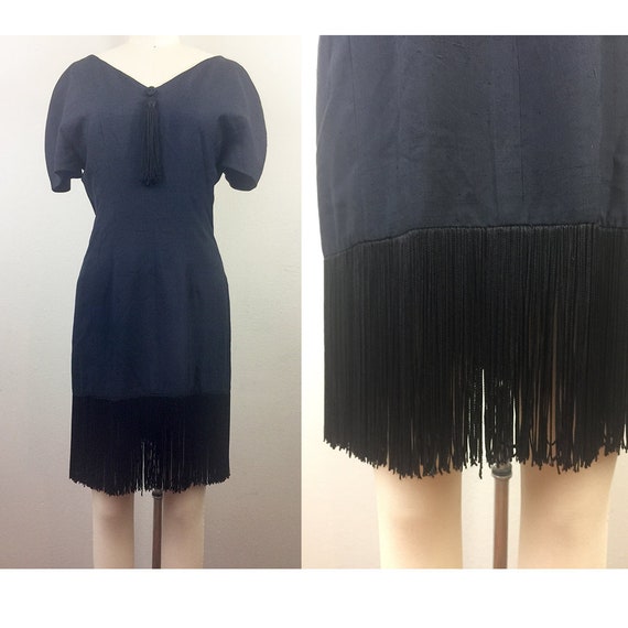 Vintage 80s 90s ALBERT NIPON Black Fringe Silk Dre