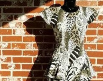 Vintage 80s Animal Print Rampage Lepoard Mini Dress Cotton Drop Waist Ruffled S