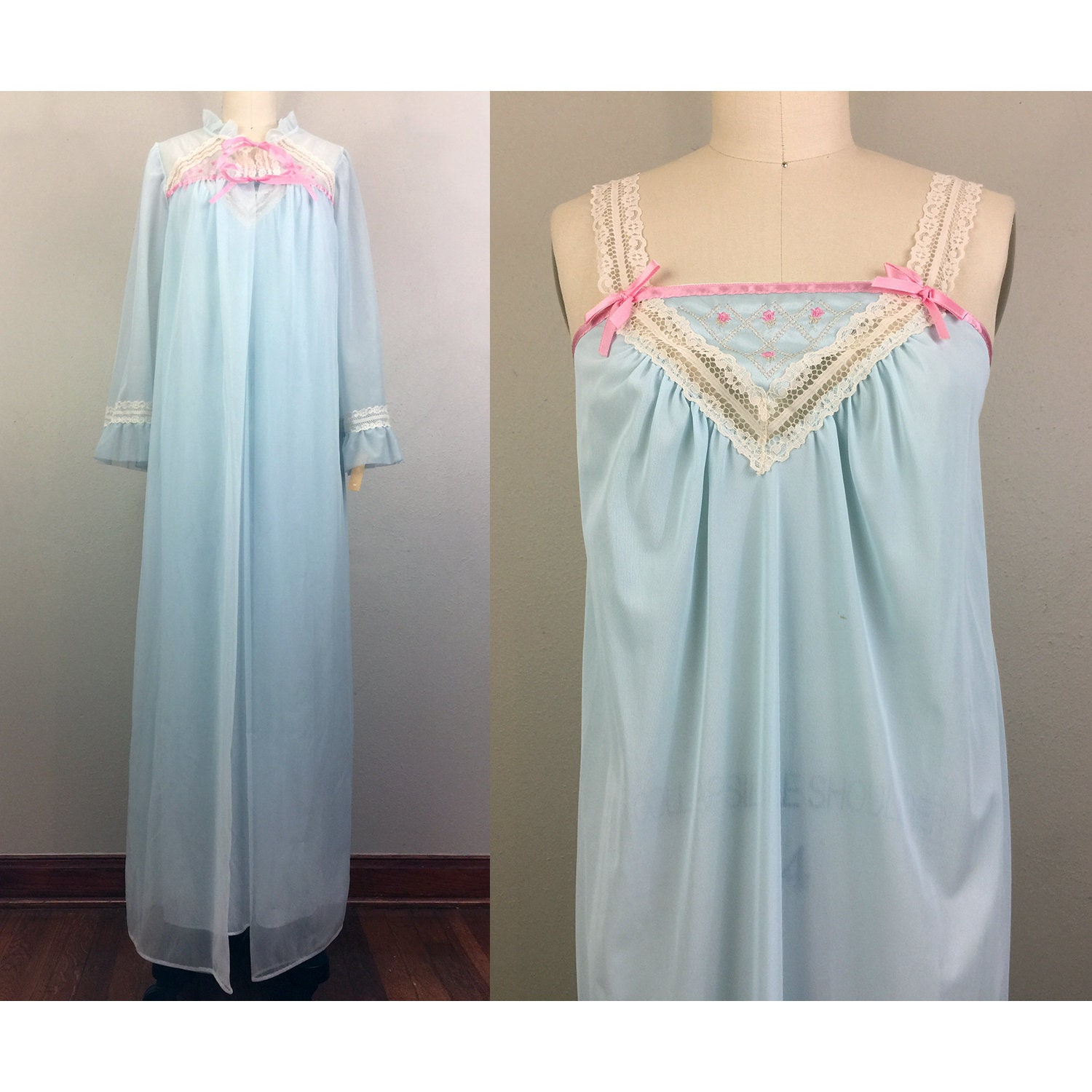 Vintage 70s Blue Peignoir Set Nightgown Robe Sheer Nylon | Etsy