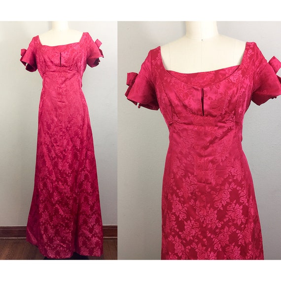Vintage 60s Fuscia Pink Floral Brocade Satin Gown… - image 1