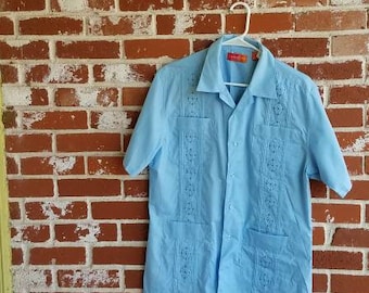 Vintage 80s Blue on Blue Embroidered  Guayaberra Shirt 4 Pockets M?L