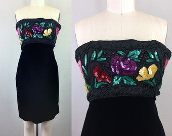 Vintage 80s LOUIS FERAUD Strapless Party Dress Black Velvet Floral Beaded Sequin Body Con XS