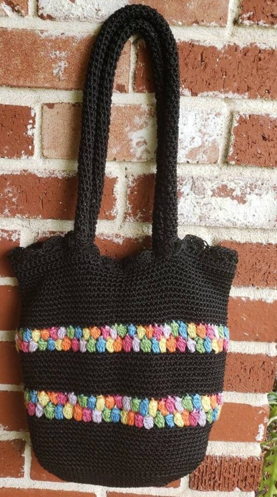 Vintage 60s Black Hand Crochet Bag w/Splashes of … - image 1