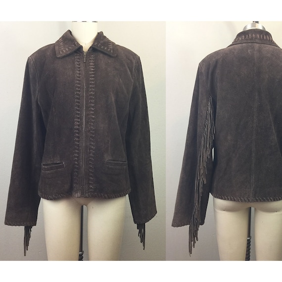 Vintage 90s Brown Suede Fringe Leather Jacket M