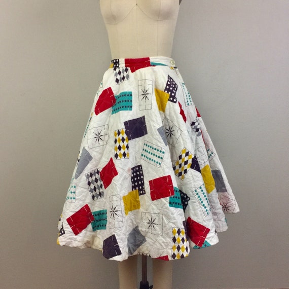 Vintage 50s Quilted Novelty Print Skirt Atomic Gam