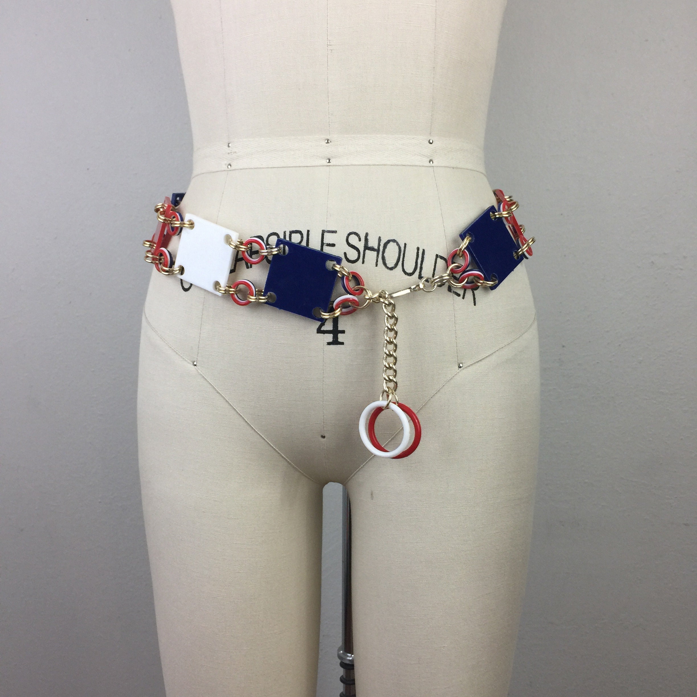 Vintage 60s Plastic Chain Link Belt Red White and Blue Mod Go Go 1960s