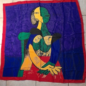 Vintage 80s Large Silk Picasso Scarf Purple/Blue/Yellow/Red/Green image 1