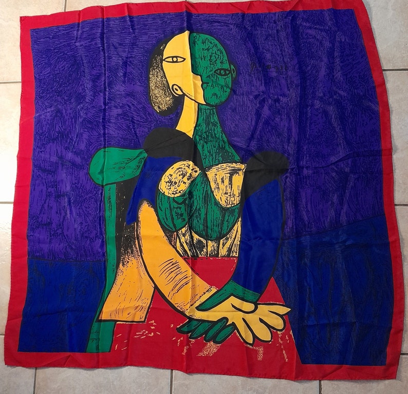 Vintage 80s Large Silk Picasso Scarf Purple/Blue/Yellow/Red/Green image 1