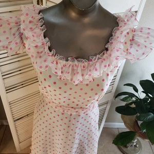 Vintage 80s Ruffled Pink/White Polka Dot Ballgown / Empire Waist / Regency Core / Barbie Dress image 4