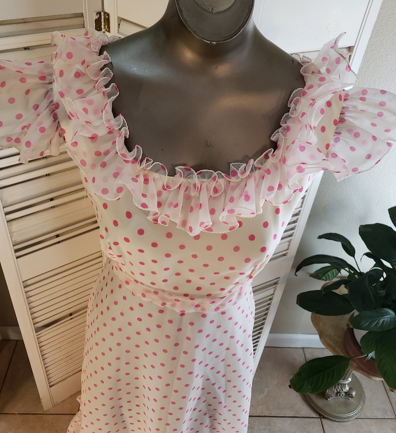 Vintage 80s Ruffled Pink/White Polka Dot Ballgown / Empire Waist / Regency Core / Barbie Dress image 4