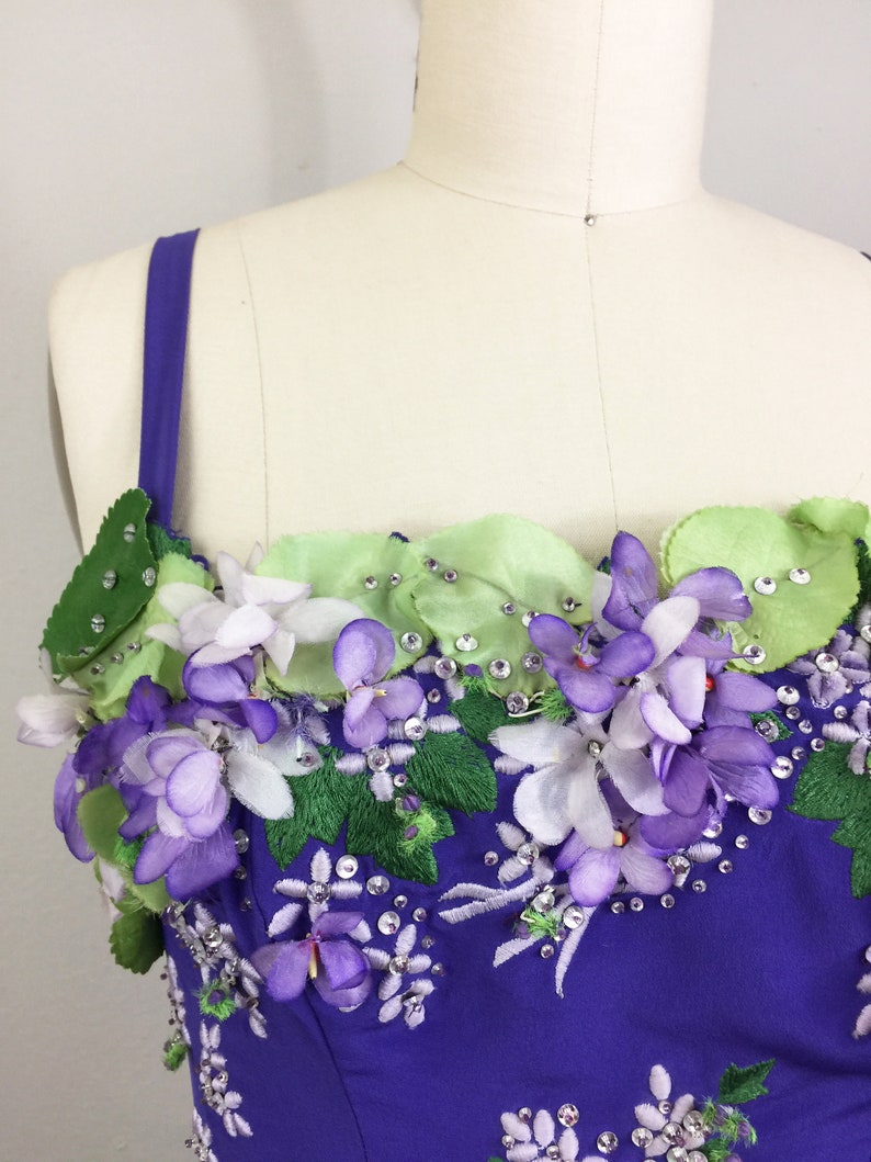 Vintage FE ZANDI Couture Purple Flower Encrusted Gown Skirt and Top Evening Dress Set Designer Beverly Hills Hollywood Glam image 2