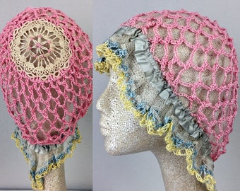 Antique Edwardian Pink Crochet Bonnet Hat 20s Flapper