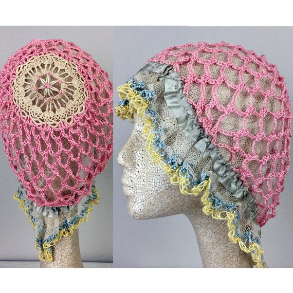 Antique Edwardian Pink Crochet Bonnet Hat 20s Flap