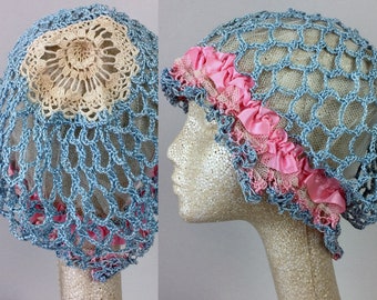 Antique Edwardian Blue Crochet Bonnet Hat 20s Flapper