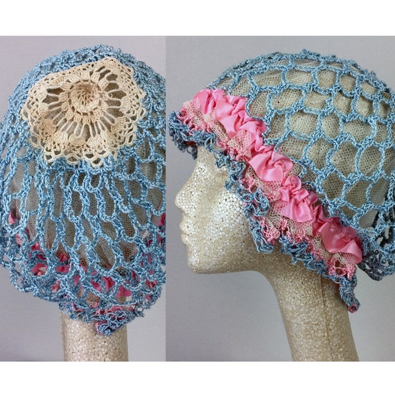 Antique Edwardian Blue Crochet Bonnet Hat 20s Flap