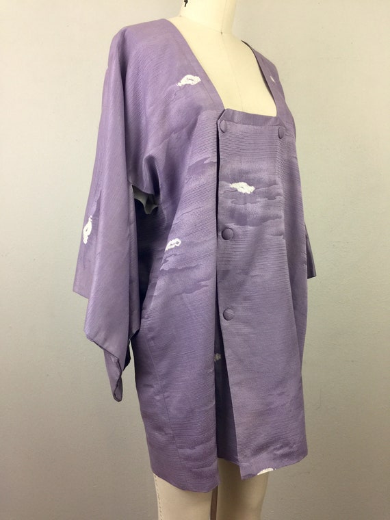 Vintage Japanese KIMONO Purple Clouds Deco Silk R… - image 2