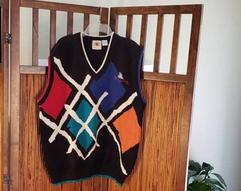 Vintage 80s Colorful Crazy Cotton V Neck Sweater Vest  L  Barleycorn's Made in Hong Kong Hip Hop