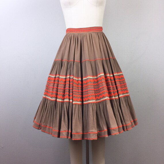 Vintage 50s Mexican Fiesta Skirt Brown Orange Ric-
