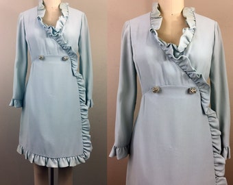 Vintage 1960s Mod Mini Dress Pale Blue Ruffle Eloise Curtis For David Styne M