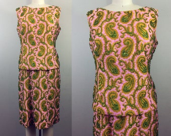 Vintage 1960s High End Beaded Dress Pink And Green Paisley Party Cocktail Mod Jewel Encrusted S/M