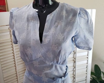 Vintage 1930s Gorgeous Sheer Blue/white Day Dress Puffy Sleeve  RARE