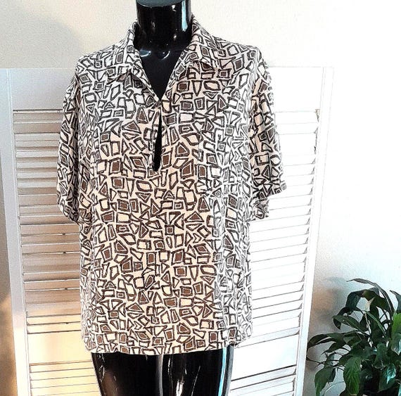 50s 60s Mens Rayon Casual Shirt / Geometric Print / One Pocket / L 
