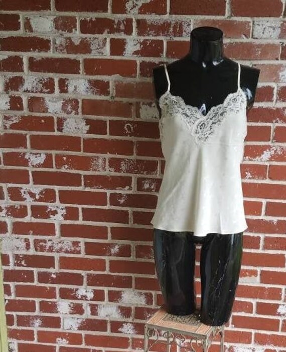 Vintage 80s Ivory Silk Jacquard Cami/Tank With la… - image 2