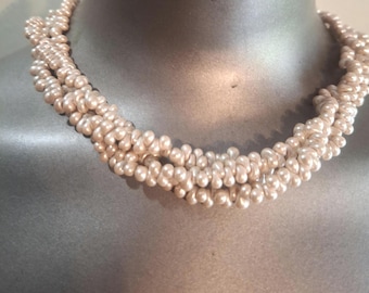 Vintage Freshwater Three Strand Pinkish Pearl Choker Necklace