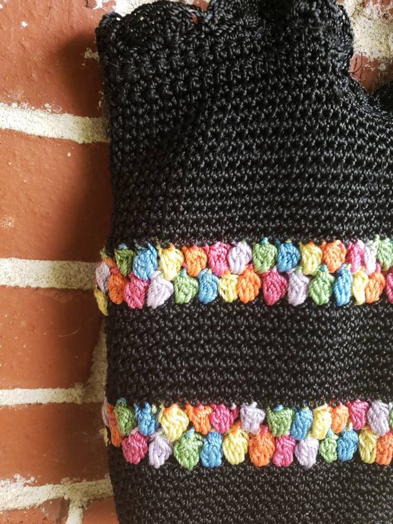 Vintage 60s Black Hand Crochet Bag w/Splashes of … - image 2