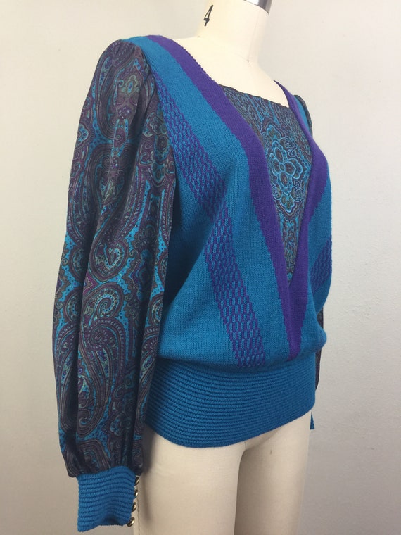 Vintage 80s 90s Blue Teal Abstract Paisley Sweate… - image 4