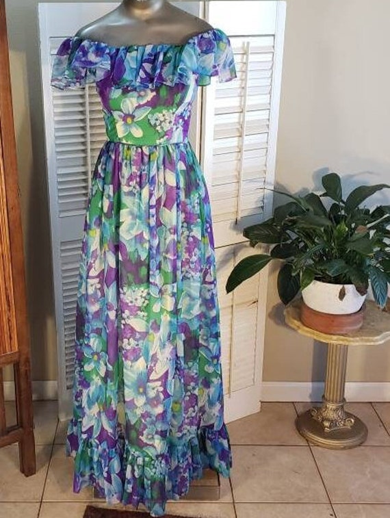 Vintage 60s Floral Maxi with Ruffled Bodice / Uni… - image 3