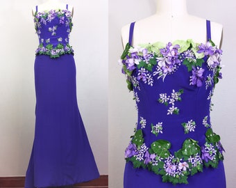 Vintage FE ZANDI Couture Purple Flower Encrusted Gown Skirt and Top Evening Dress Set Designer Beverly Hills Hollywood Glam!