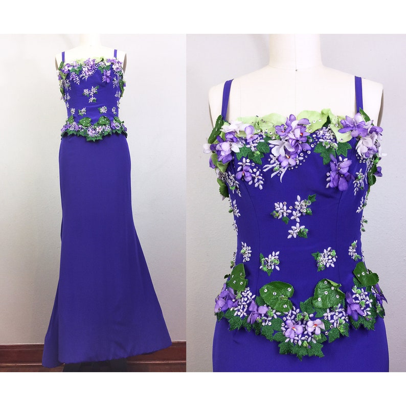 Vintage FE ZANDI Couture Purple Flower Encrusted Gown Skirt and Top Evening Dress Set Designer Beverly Hills Hollywood Glam image 1