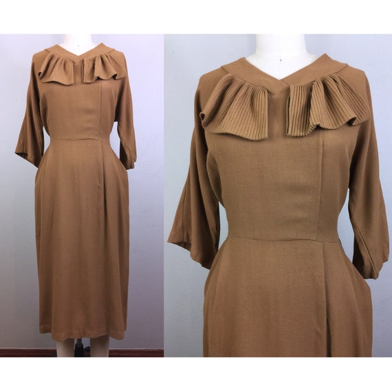 Vintage 40s 50s Caramel Brown Rayon Dress DEADSTOC