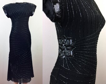 Vintage SCALA Black Beaded Party Dress Silk Deco Flapper S