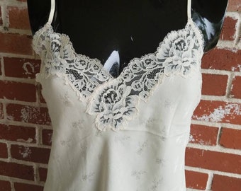 Vintage 80s Ivory Silk Jacquard Cami/Tank With lace  Made in France  S
