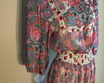 80s Fab Susan FREIS Splatter Print Flowered Pleat Dress -L/M
