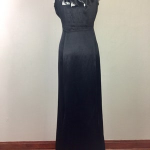 Vintage 30s Black Liquid Satin Gown Hollywood Glam Dress Ruffle Neck 1930s Party Evening S image 3