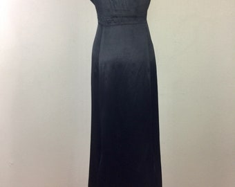 Vintage 30s Black Liquid Satin Gown Hollywood Glam Dress Ruffle Neck 1930s Party Evening S
